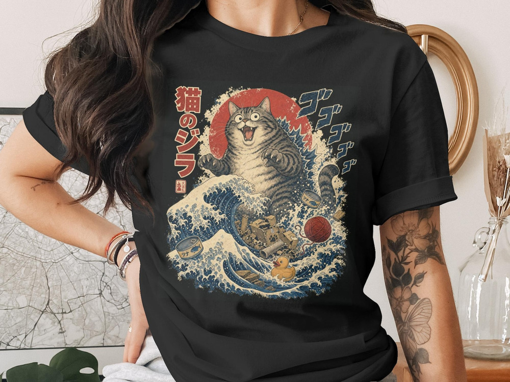 Funny Catzilla Japanese Great Wave Cat T Shirt, Kaiju Monster Cat Fan Gift